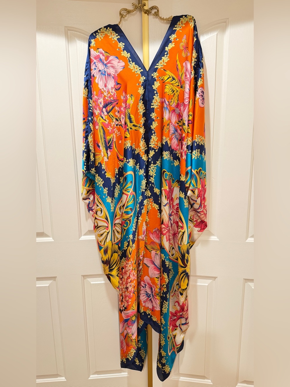Vibrant Orange Floral Maxi Dress - Women's Caftan Style